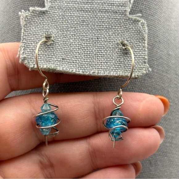 Boho Sterling Silver 925 Spiral Wrapped Blue Speckled Beaded Dangle Earrings - Picture 2 of 5
